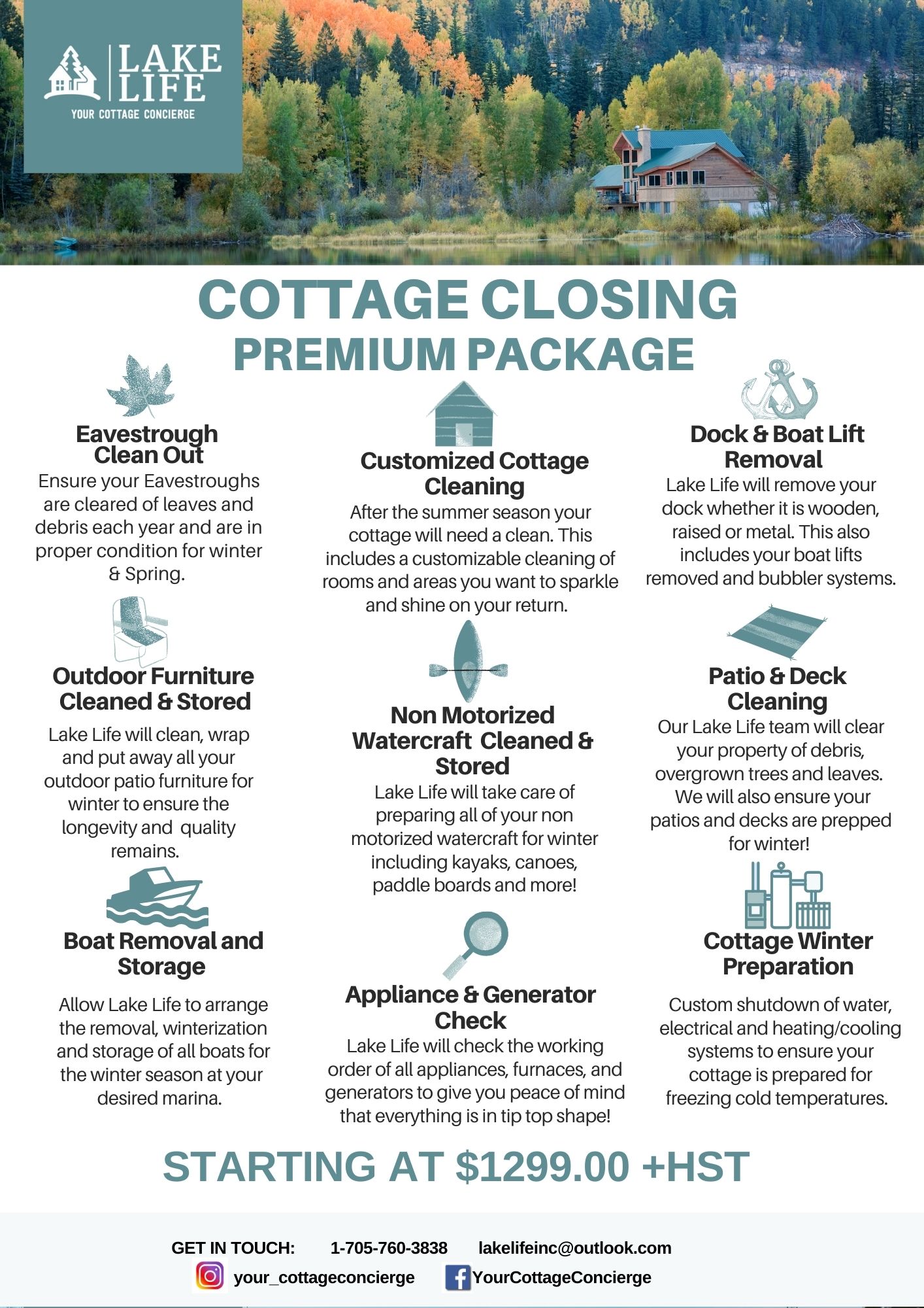 A flyer listing of Lakelife's premium closing packages.