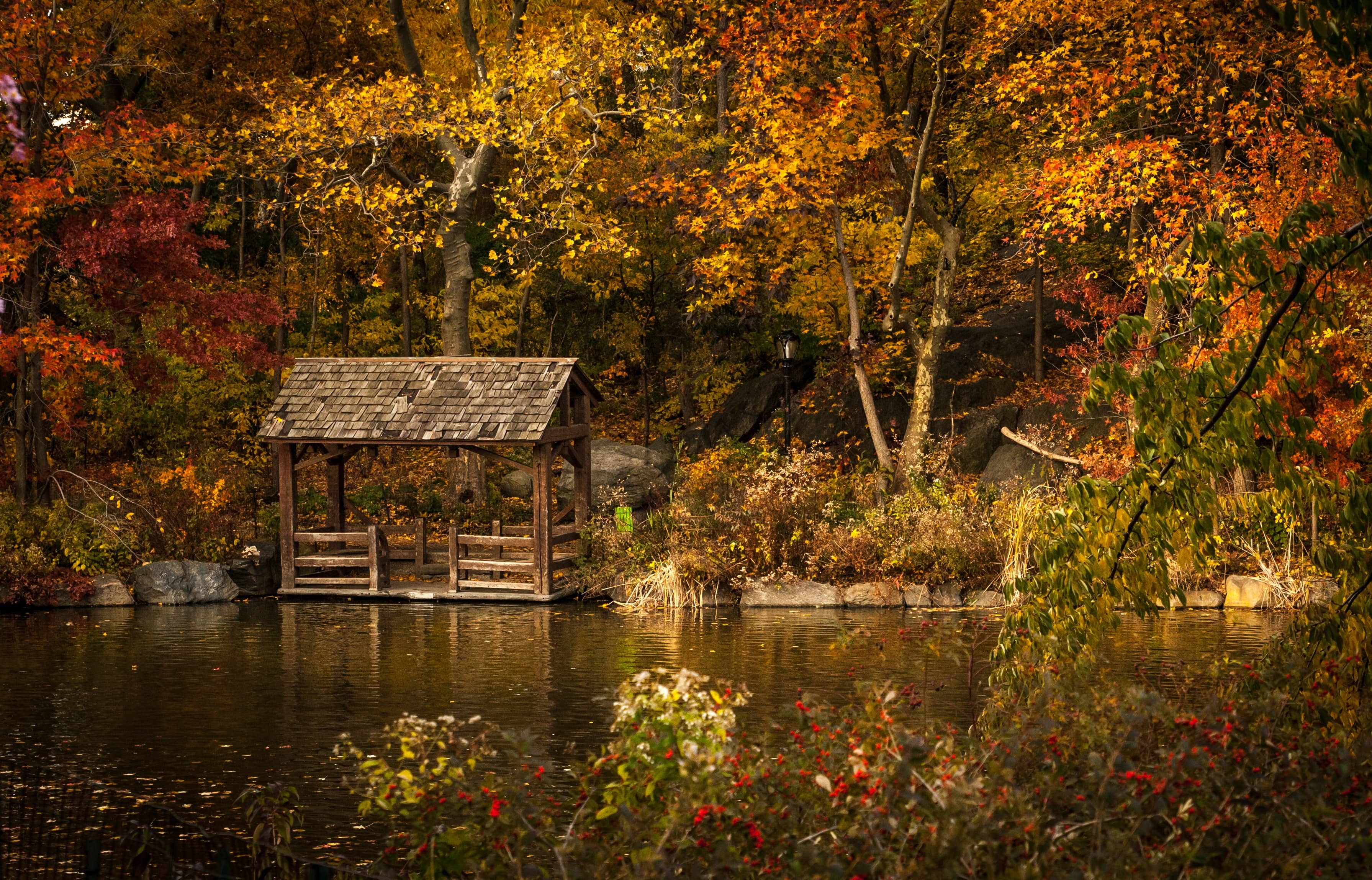 A image of a wooden structure on the lake in the fall.
