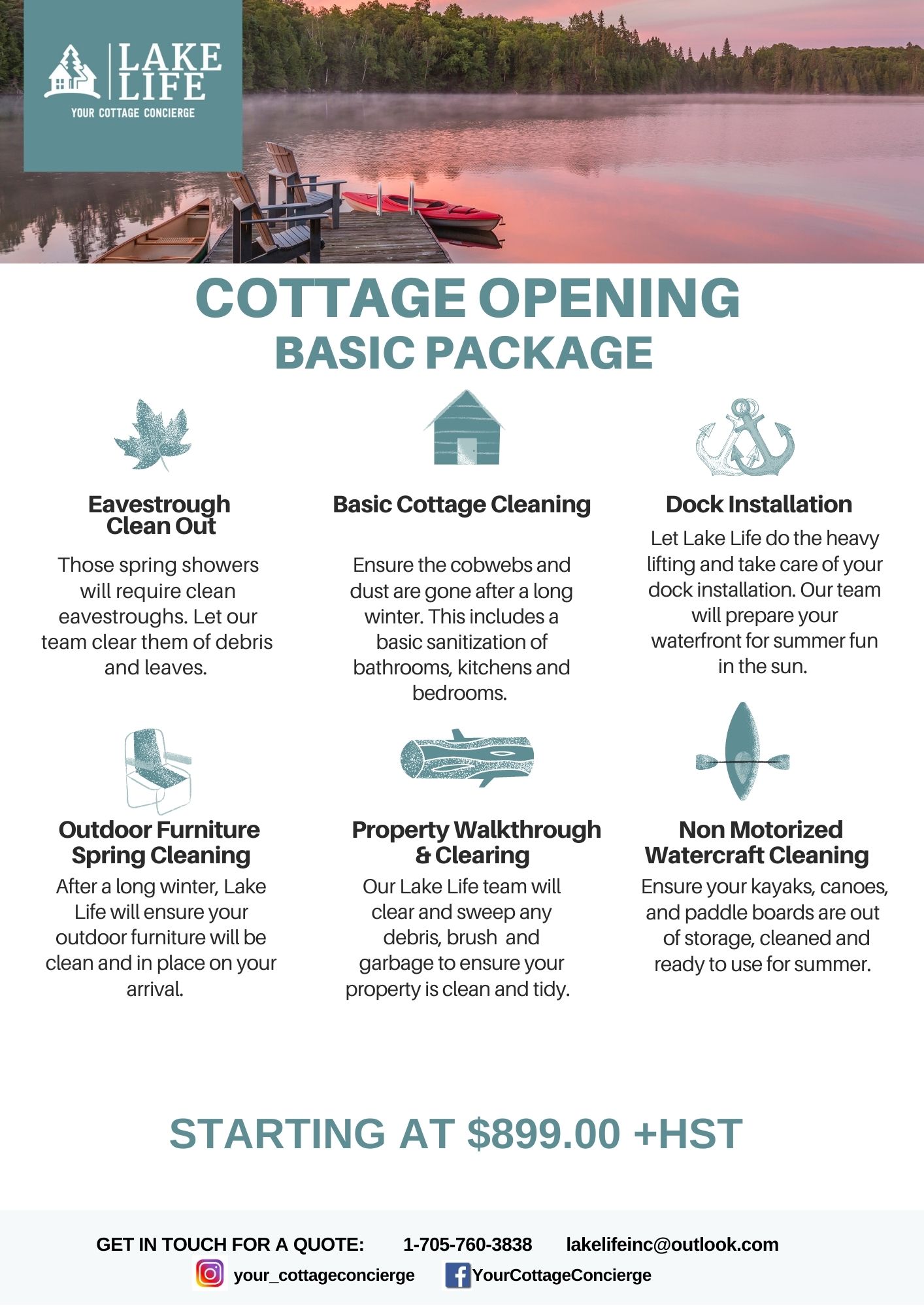 A flyer listing of Lakelife's basic opening package.
