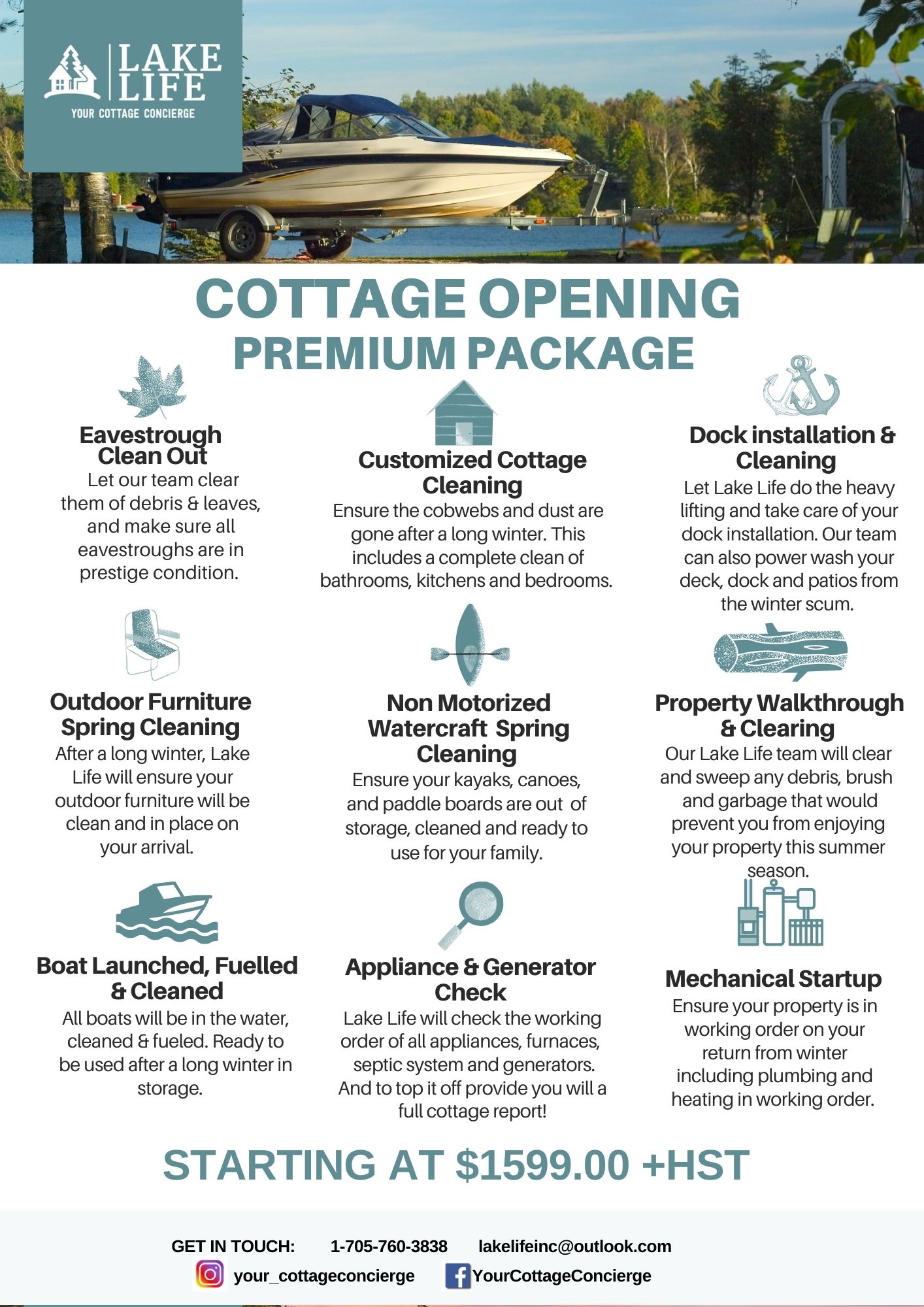 A flyer listing of Lakelife's premium opening package.